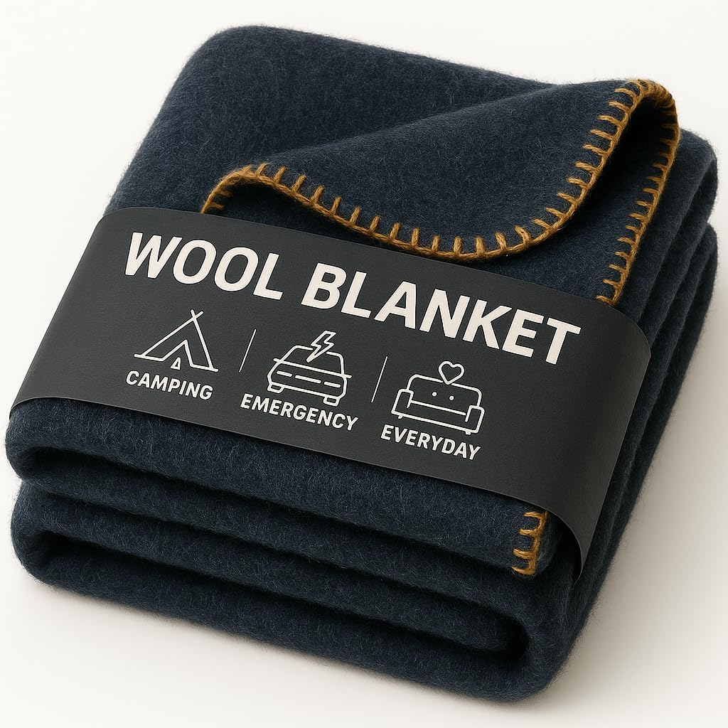 Wool Camping Blanket – 70% Wool Heavy-Duty Military Style Throw, Warm & Washable, Fire Retardant Cover for Emergency, Survival & Outdoor Use – Perfect for Camping, Car, Home & Hiking, Navy 62x84