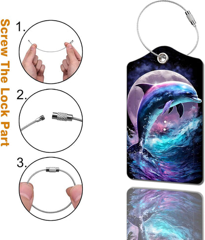 2 Pack Luggage Tag for Suitcase, Cute Unique Leather Bag Tags Identifiers Privacy Cover ID Label with Durable Steel Loop for Women Men Kids Girls Travel，DolphinB