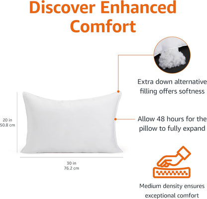 Amazon Basics Down Alternative Bed Pillow, Medium Density for Back and Side Sleepers, Queen - Pack of 2, White, 30 in L x 20 in W