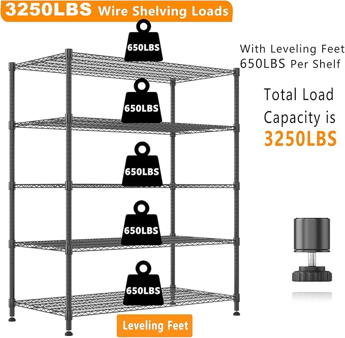 Himimi 5 Tier Wire Shelving with Wheels Heavy Duty Height Adjustable Metal Shelves for Storage, Commercial Grade Steel Utility Wire Rack for Kitchen Garage Pantry Organization-24×48×82, Black