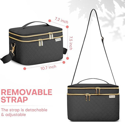 Double Layer Travel Makeup Bag Women, Cosmetic Organizer Case, Travel Essentials Accessories with Shoulder Strap for Bottles, Brushes, Conditioner, Skin Care Products, Black