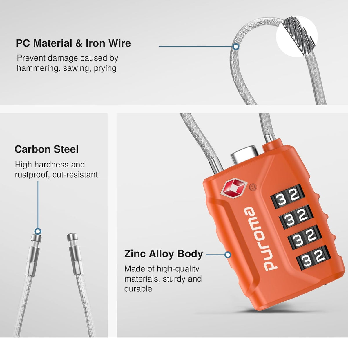 Puroma 2 Pack TSA Approved Luggage Locks, 4 Digit Combination Travel Locks Resettable Code Lock with Zinc Alloy Body for Suitcase, Toolbox, Backpack, Bag, Gym Locker (Orange)