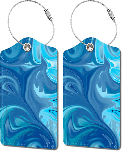 2 Pack Luggage Tag for Suitcase, Cute Unique Leather Bag Tags Identifiers Privacy Cover ID Label with Durable Steel Loop for Women Men Kids Girls Travel，Blue Wave