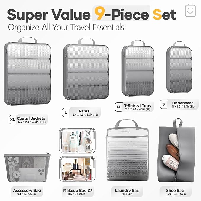Veken 9/11 Set Compression Packing Cubes for Travel Essentials,Compressible Expandable Large Luggage Suitcase Organizer Bags for Clothing,Durable Space Saver Storage Bags with Toiletry Bags(Gray)