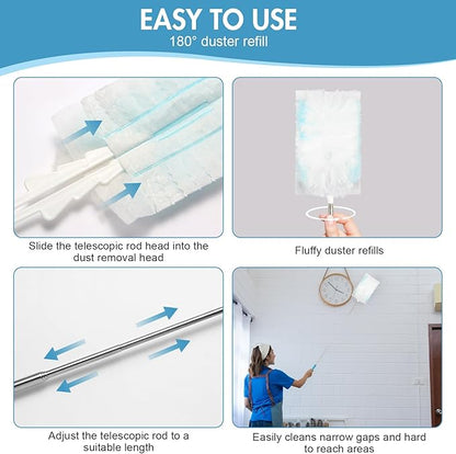 36 Pack 180° Duster Refills for Swiffer Duster Kit, with 1 Telescoping Handle for Multi Surface Dusters Heavy Duty Refill, 4X Electrostatic for Cleaning Furniture, Blinds, Electronic, Glass, Car.