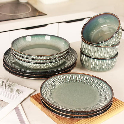 Dinnerware Sets 16 Pieces - Round Reactive Glaze Tableware - Kitchen Dinnerware Porcelain Crockery with Dinner Plate, Bowl and Soup Plate Service for 4, Microwave Dishwasher Safe, Set No.1