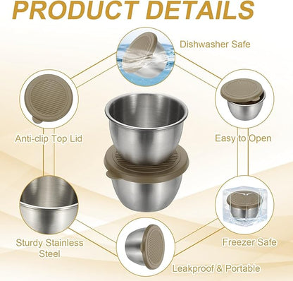 uxcell 1 Set 2.8oz Stainless Steel Salad Dressing Containers with Silicone Lids, Reusable Dipping Sauces Cups, Leakproof Condiment Containers for Picnic Travel Kitchen, Brown