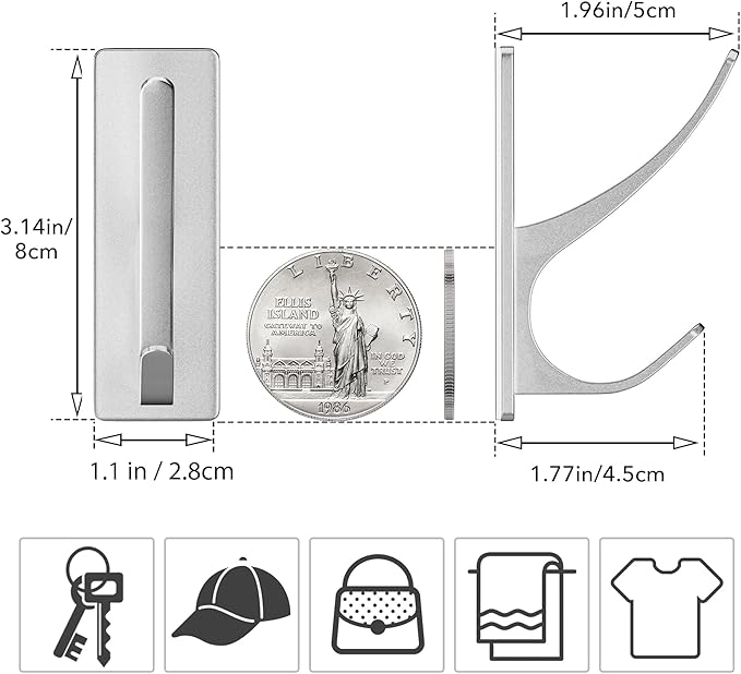 Stick on Hooks for Hanging, Extra Sticky 6KG (Max), Coat Hook on Door for Towel Coat Hat Key, Self Adhesive Hangers Wall Mounted, Silver, 6 Pack