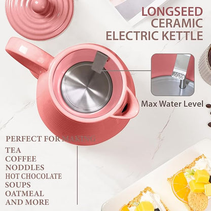 1.2 Liters Ceramic Electric Kettle with Infuser & Mug Set,1000W Fast Boil Water for Tea Coffee, Teapot with Boil-Dry Protection Auto Shut Off, Detachable Swivel Base