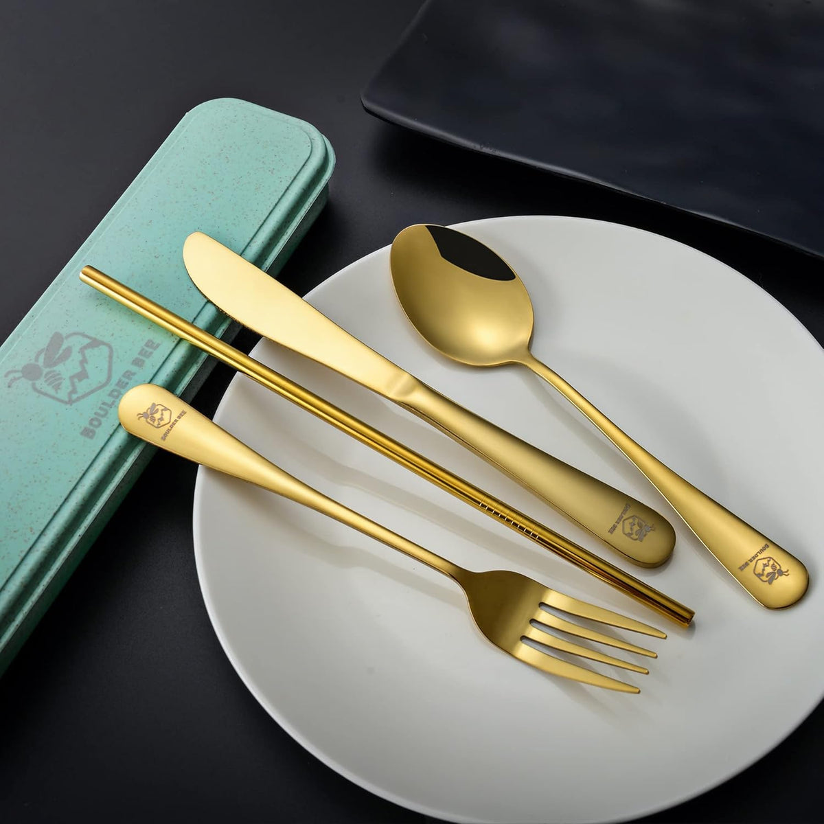 Boulder Bee | Travel Utensils Set | Reusable Camping Cutlery Set | Stainless Steel Flatware Set | Portable Silverware Set with Case | Includes Knife/Fork/Spoon/Straw/Cleaning Cloth/Case (Gold)