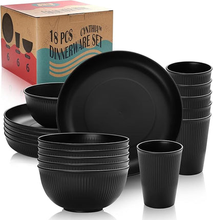 Cythia Plates and Bowls Sets for 6, 18 Pieces Kitchen Dinnerware Set Plastic Dishes Set Wheat Straw Reusable Dinner Plates, Cereal Soup Bowls and Cups Tableware for Home Parties Camping