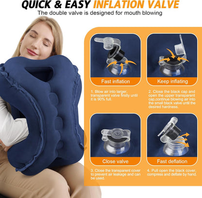 Inflatable Travel Pillow,Multifunction Travel Neck Pillow for Airplane to Avoid Neck and Shoulder Pain,Support Head,Neck,Used for Sleeping Rest, Airplane and Home Use,with Eye Mask, Earplugs,Blue