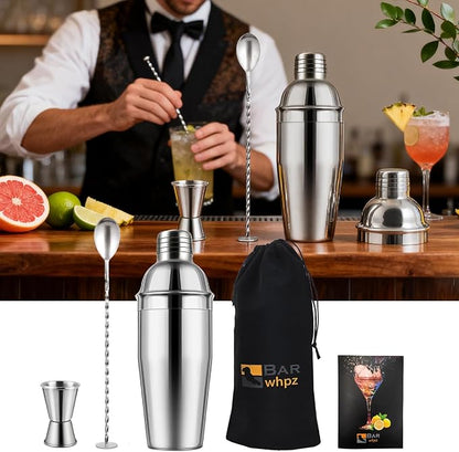 Cocktail Shaker Set, 24oz Stainless Steel Bartender Kit with Measuring Jigger & Mixing Spoon,Cocktail Recipe,Professional Martini Shaker for Home Bar, Drink Mixer Set for Beginner & Bartender Gift