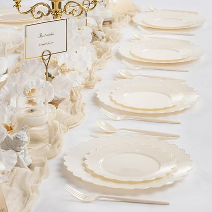 100pcs Ivory Plastic Plates Fancy Scalloped Plates