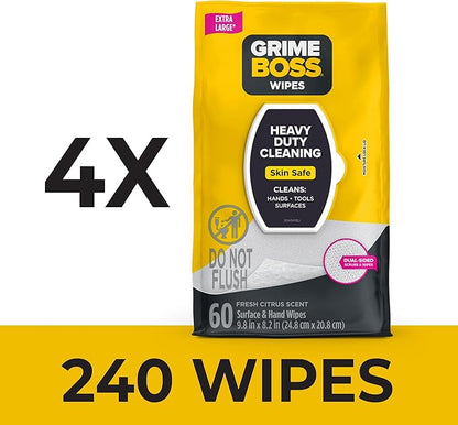 Grime Boss Heavy Duty Surface and Hand Wipes (4x60ct) | Wet Wipes Remove Paint, Oil, Grease, Adhesives, Mud, Dirt | Shop Wipes Replace Cleaners like Rags, Towels, Pumice, Soap