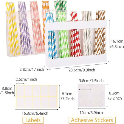 2 Pcs Straw Holder for Cabinet Door, 9.5 Inch Acrylic Straw Organizer with 8 Pcs Adhesive Stickers and 20 Pcs Labels, Reusable Kitchen Utensil Storage