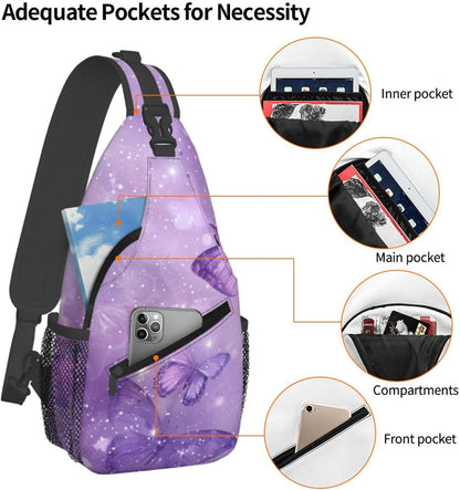SUPLUCHOM Sling Bag Butterfly Purple Pastel Hiking Daypack Crossbody Shoulder Backpack Travel Chest Pack for Men Women