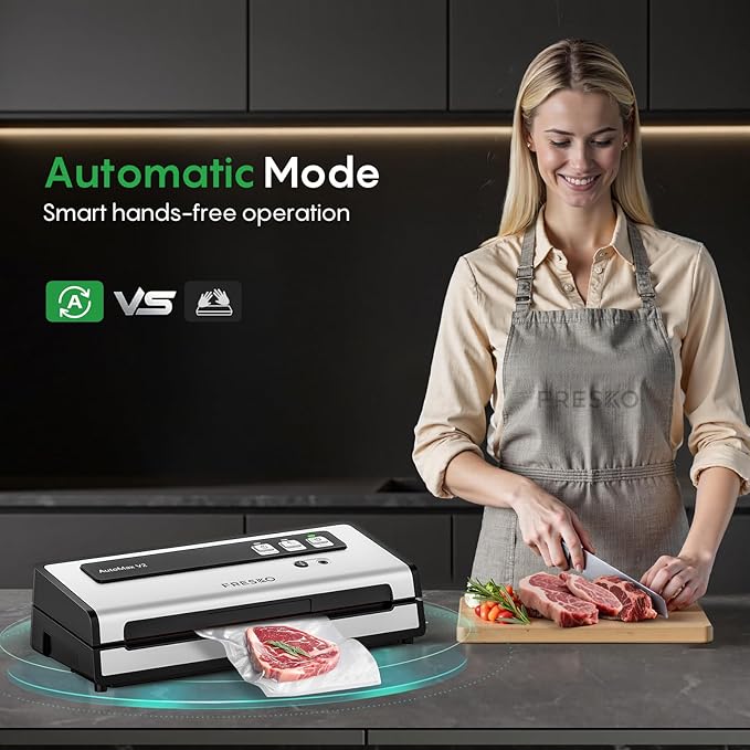 FRESKO Automatic Vacuum Sealer for Food with 95 kPa Powerful Suction, Compact Food Sealer machine Starter Kit with 10 Vacuum Bags for Dry/Moist Food, Sous Vide, Meal Prep