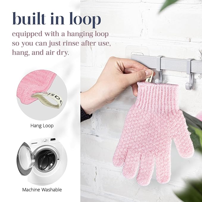 MainBasics Deep Cleansing Exfoliating Bath Gloves - Heavy-Textured Nylon Shower Scrub for Dead Skin Removal - Machine Washable with Hanging Loop (1 Pair, Soft Pink)