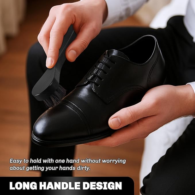 4 Pcs Horsehair Shine Shoes Brush Kit Polish Dauber Applicators Cleaning Leather Shoes Boots Care Brushes Suede Cleaner Brush with Microfiber Shoe Cloth(Black Handle A)