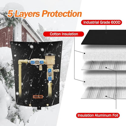 Backflow Preventer Pipe Insulation Cover (5°F) - Irrigation Sprinkler Valve Insulated Pouch - Water Well Pump Cover - Sturdy 5 Layers for Winter Freeze Protection, 14" W x 18" H, Black