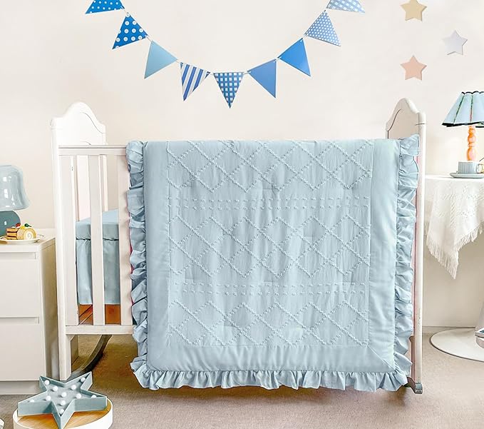 Wowelife Baby Crib Bedding Set for Girls, 3 Piece Boho Crib Comforter Set Ruffle, Baby Boy Crib Bedding Set Nursery Blanket Set Neutral Include Quilted Comforter, Crib Skirt and Sheet, Blue