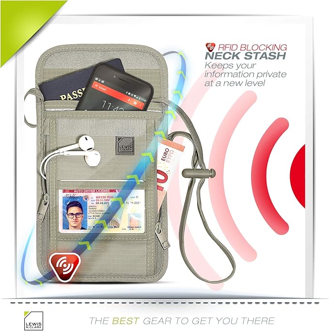 Lewis N. Clark RFID Blocking Stash Neck Wallet, Travel Pouch + Passport Holder for Women & Men, Taupe, One Size