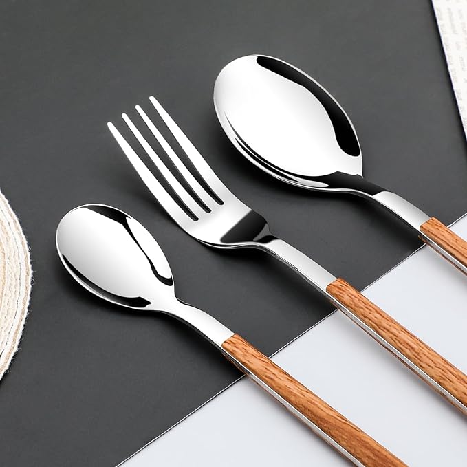 Stainless Steel Flatware Set for 4, Cutlery Utensils Set with Simulated Wooden Handle Include Knives Forks Spoons Service for 4, Mirror Polished and Dishwasher Safe (Silver)