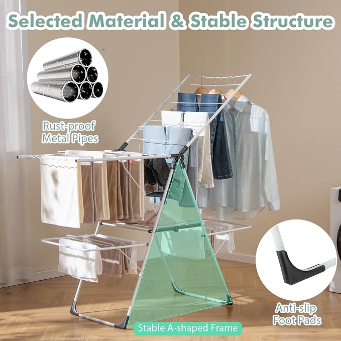 Giantex Clothes Drying Rack, 2-Layer Stainless Steel Foldable Laundry Drying Rack with 6-Level Adjustable Height, Useful Clips, Space Saving Freestanding Folding Collapsible Laundry Drying