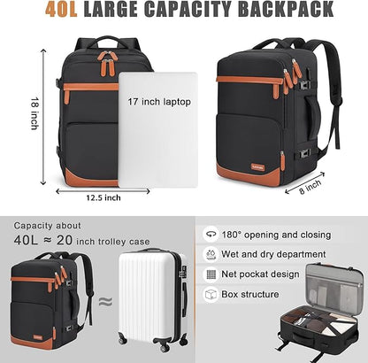 40L Travel Backpack with USB Charging Port, Water-Resistant Carry On Backpack for Men Women, Business Laptop Backpack for Trips & Commutes, Fits 15.6/17.3 Inch Laptop