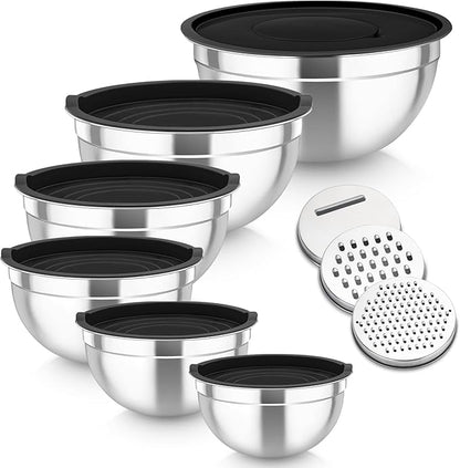 TeamFar Mixing Bowls Set of 6, Stainless Steel Nesting Mixing Salad Bowl with 3 Grater Attachments, for Food Cooking Prepping Storing, Black - Size 4.6/2.6/2 / 1.5/1 / 0.7 QT