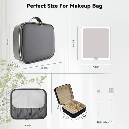 Travel Makeup Bag with LED Mirror with 3 Lighted Settings, Adjustable Dividers, Makeup Brush Storage Bag and Jewelry Case Black