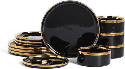 Christian Siriano Solene Stoneware Dinnerware, 12-Piece Plates and Bowls Set, Dish Set for 4, Black with Gold Rim, Glossy Finish, Hand Wash Only