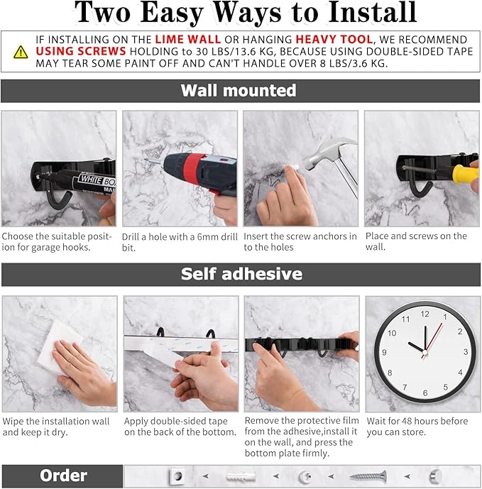 AceMining 2 Pack Black 5 Racks and 4 Hooks Mop and Broom Holder Wall Mount, Broom Organizer Storage Tool Racks Stainless Steel Heavy Duty Hooks Self Adhesive Solid Non-slip for Home Kitchen Garden