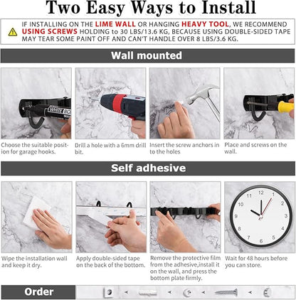 AceMining 2 Pack Black 5 Racks and 4 Hooks Mop and Broom Holder Wall Mount, Broom Organizer Storage Tool Racks Stainless Steel Heavy Duty Hooks Self Adhesive Solid Non-slip for Home Kitchen Garden