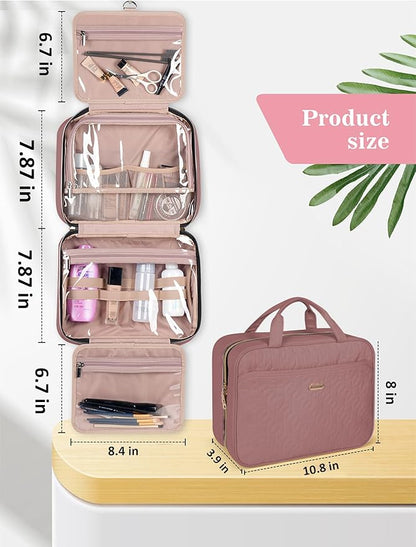 BALHLHG Toiletry Bag for Women With Hanging Hook, Medium Travel Makeup Organizer, Water-resistant Cosmetic Toiletries Bag for Bathroom, Trip, Business, Rosewood-Pink