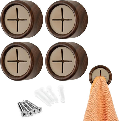 S&T INC. Round Adhesive Push Towel Hooks for Kitchen, Hand and Dish Towels, Plastic, Walnut, 4 Pack