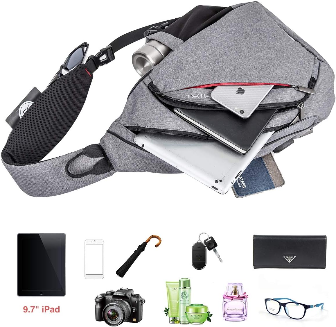 mixi Sling Bag Men Backpack Unisex One Shoulder Bag Hiking Travel Backpack Crossbody with USB Port for Men Women Versatile Casual Daypack-17 inch,Gery