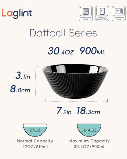 30 OZ Max Cereal Soup Bowl Set of 6, Opal Glass 7.2 inch Black Ribbed Bowls for Ramen, Noodle, Salad, Fruit, Dishwasher and Microwave Safe
