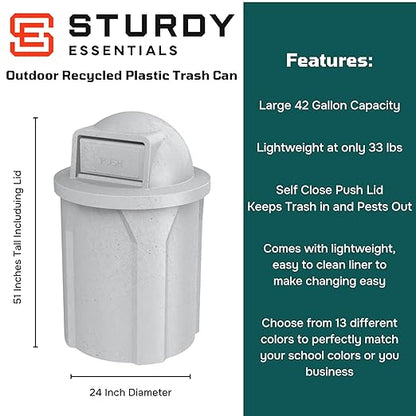 42 Gallon Circle 100% Recycled Plastic Heavy Duty Outdoor Commercial Trash Can with Push Open Dome Lid and Internal Liner | Great for Schools and Businesses - Light Granite