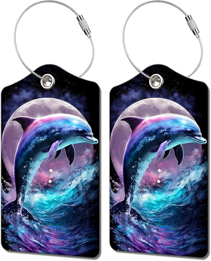 2 Pack Luggage Tag for Suitcase, Cute Unique Leather Bag Tags Identifiers Privacy Cover ID Label with Durable Steel Loop for Women Men Kids Girls Travel，DolphinB