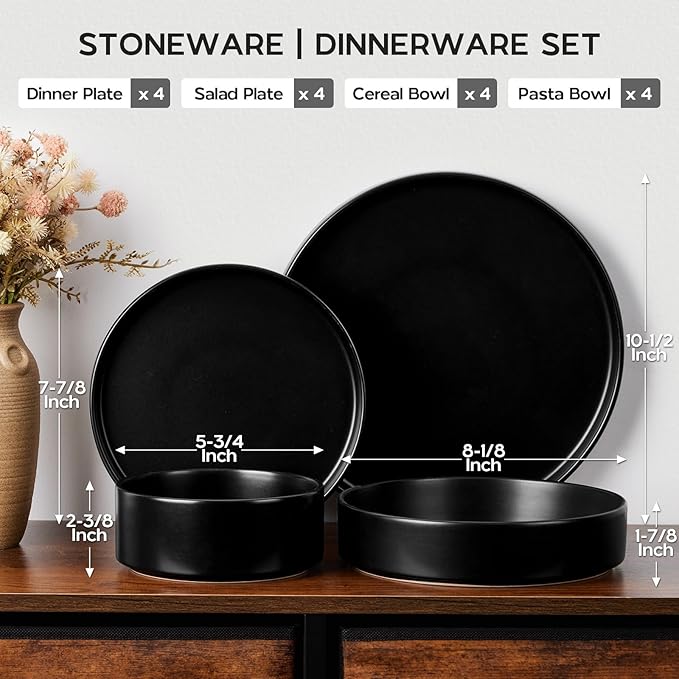 Onader 16 Piece Dinnerware Sets with Serving Bowls for 4, Stoneware Plates and Bowls Dish Sets, Ceramic Dinner Ware Dishware for Kitchen Dining, Chip & Scratch Resistant - Ebony Black