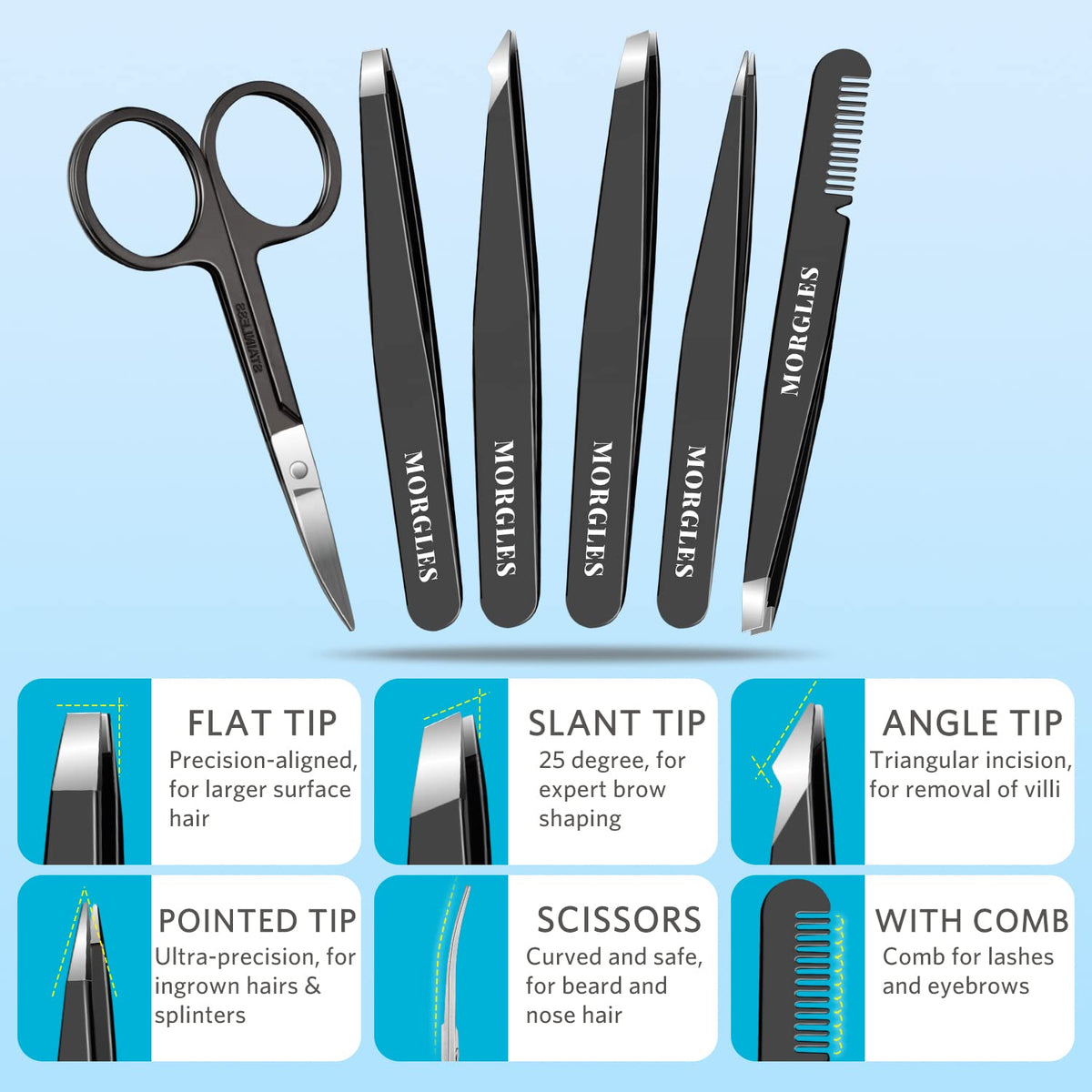 MORGLES Tweezers Set and Nail Clippers, 9 Pcs Stainless Steel Tweezers Kit for Men Professional Manicure Set for Men Grooming Kit with Leather Travel Case