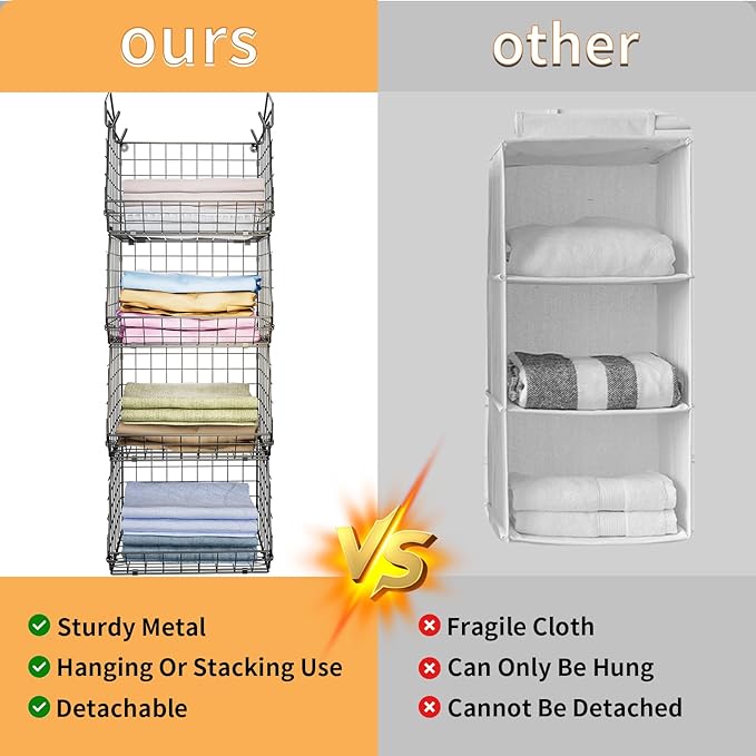 4 Tier Closet Hanging Organizer, Closet Organizers and Storage with 5 S Hooks, Closet Hanging Shelves & Freestanding Wire Storage Basket Bins, for Clothing Shoes Handbags Clutches Accessories Patent
