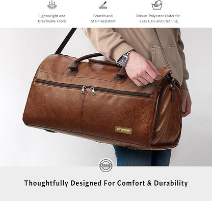 STOVER Garment Travel Duffle Bag, Large 2-in-1 Convertible Carry-on Luggage for Men & Women- Hanging Suits, Dresses & Clothes + Shoe Compartment- Weekender Tote Combo Duffel (Brown Leatherette)