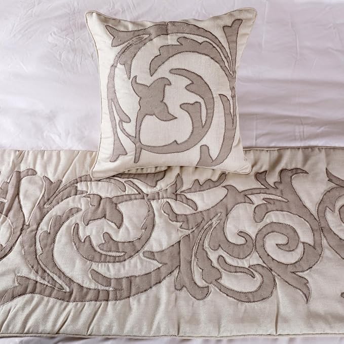 The HomeCentric Luxury Ivory & Beige Twin 53 x 18 inch Bed Runner with Pillow Cover, Linen Lurex Applique Bed Scarf, Abstract Modern - Pretty Dainty