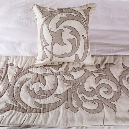 The HomeCentric Luxury Ivory & Beige Twin 53 x 18 inch Bed Runner with Pillow Cover, Linen Lurex Applique Bed Scarf, Abstract Modern - Pretty Dainty