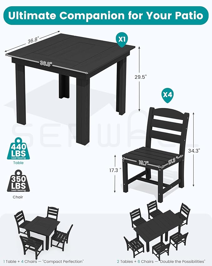 SERWALL Outdoor Dining Set for 4, HDPE Square Table and Chairs Set All Weather