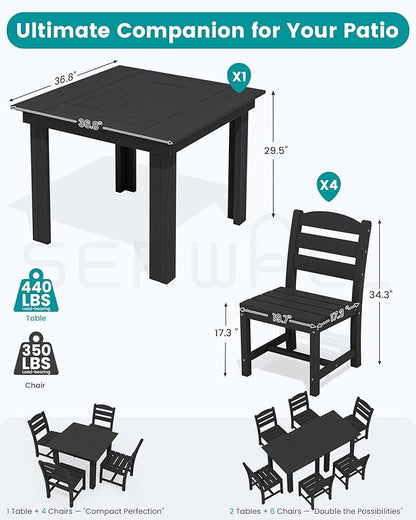 SERWALL Outdoor Dining Set for 4, HDPE Square Table and Chairs Set All Weather