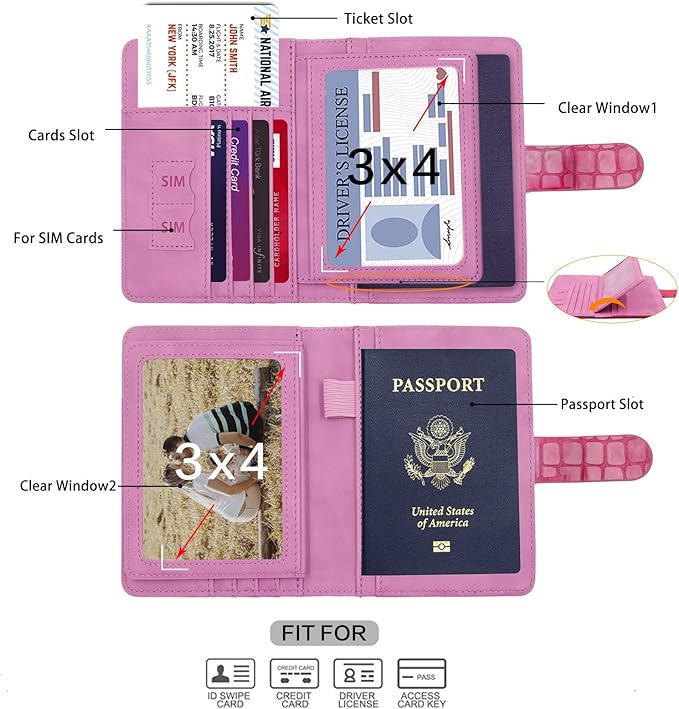 Melsbrinna Unisex Adult Travel Wallet, RFID Protected, Pink Faux Leather Passport Cover with 6 Compartments and 4 Card Slots